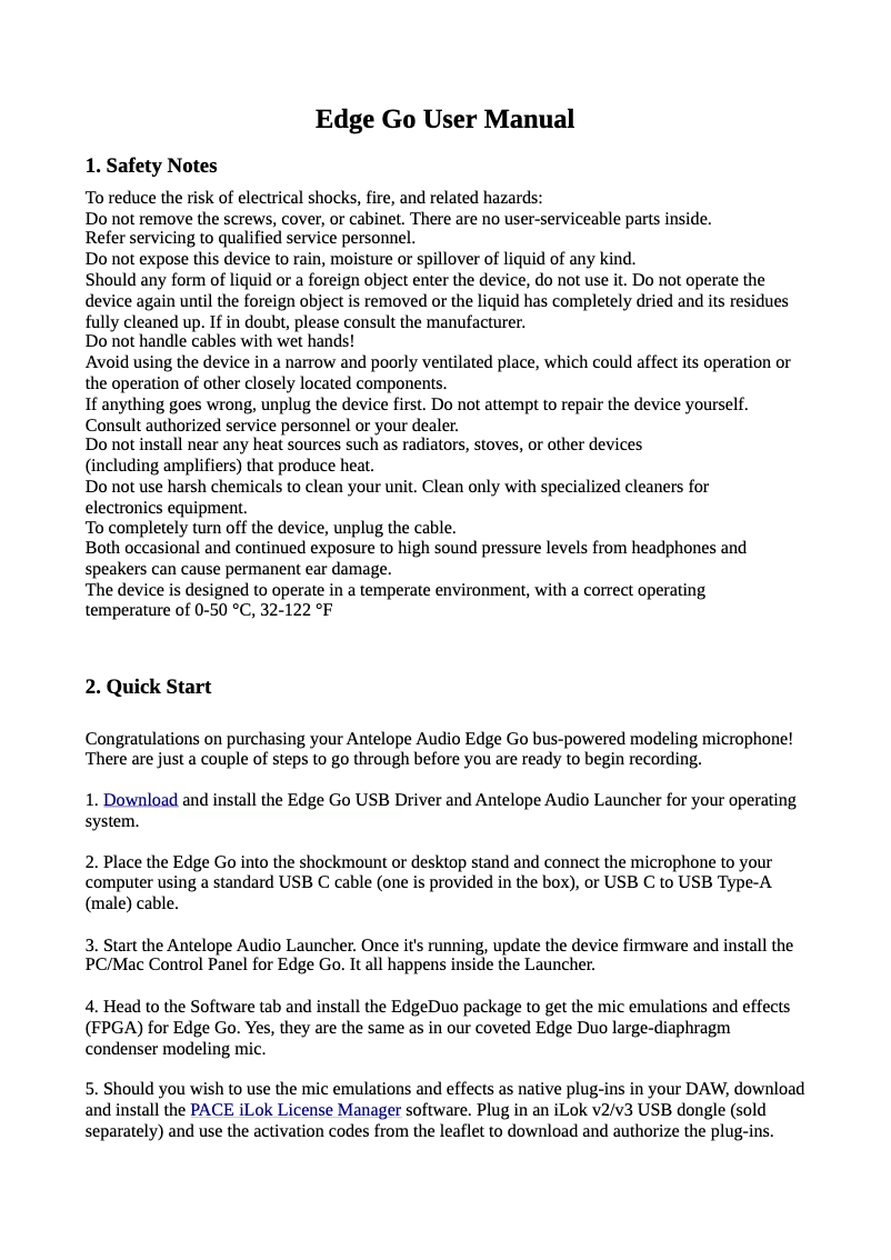 Page 1 de la notice Manuel utilisateur Antelope Edge Go