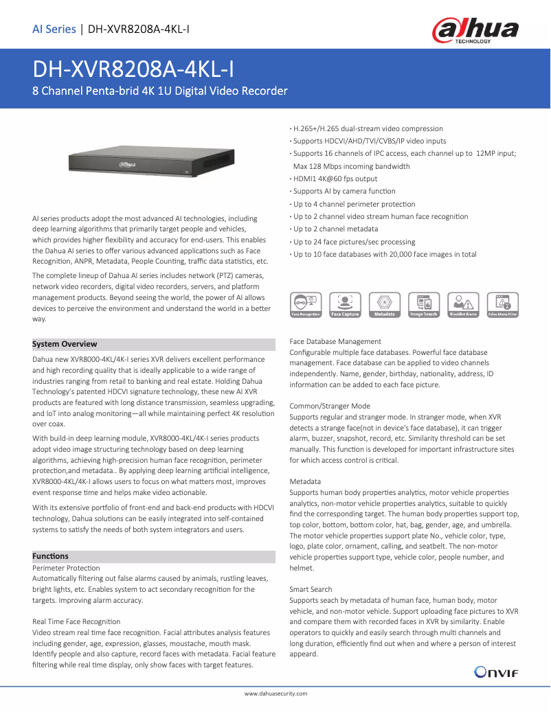 Page 1 de la notice Fiche technique Dahua Technology XVR8208A-4KL-I