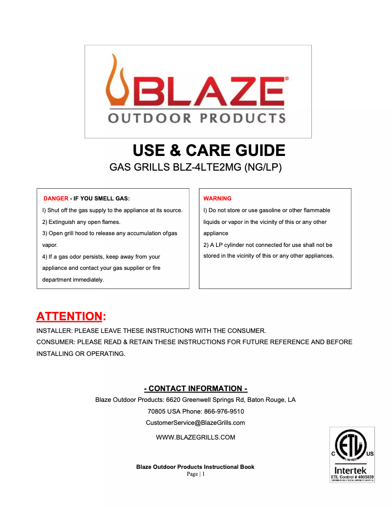Page 1 de la notice Manuel utilisateur Blaze BLZ-GP09