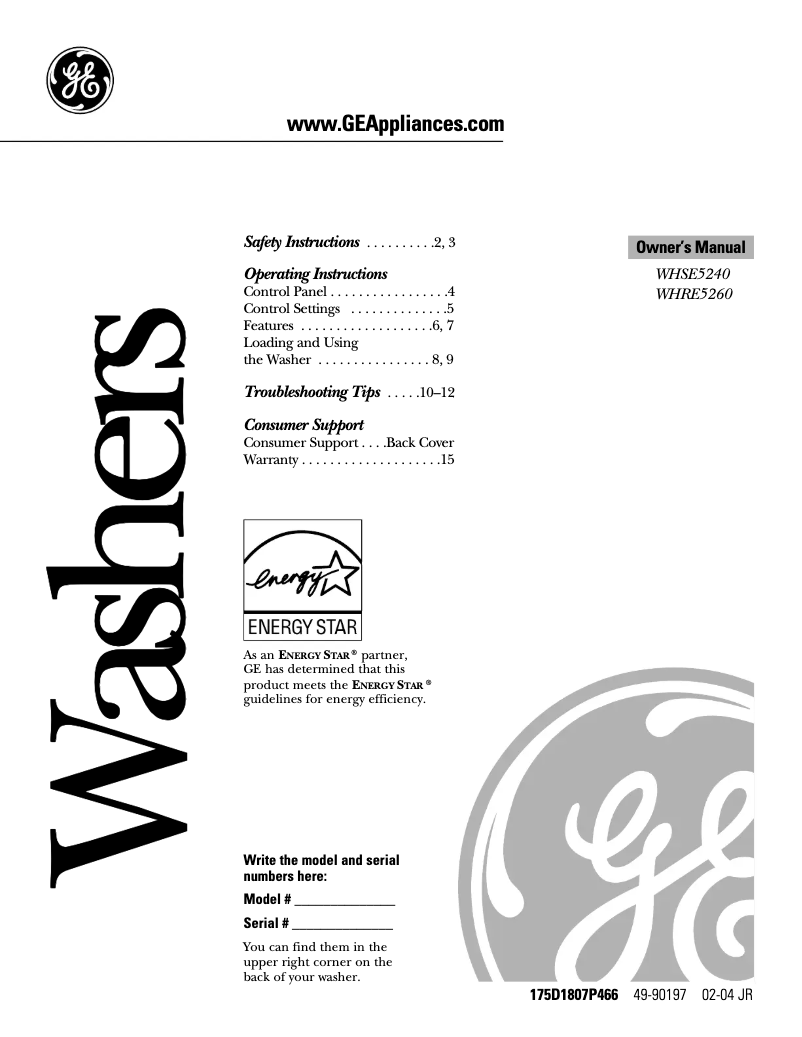 Page 1 de la notice Manuel utilisateur GE WHRE5260EWW