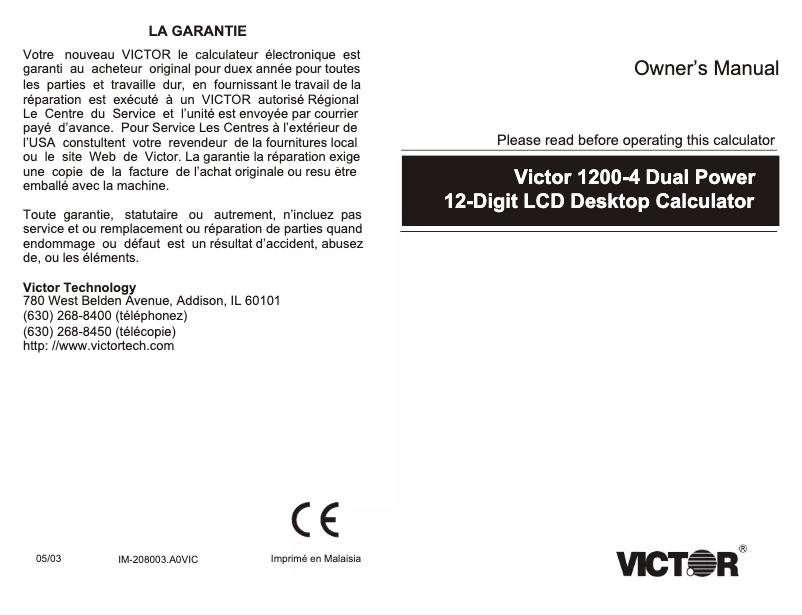 Page 1 de la notice Manuel utilisateur Victor Technology 1200-4
