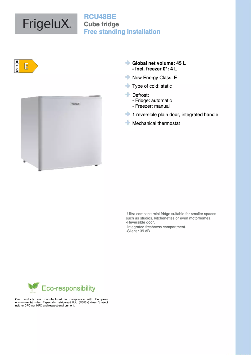 Page 1 de la notice Fiche technique FrigeluX CCO202BE