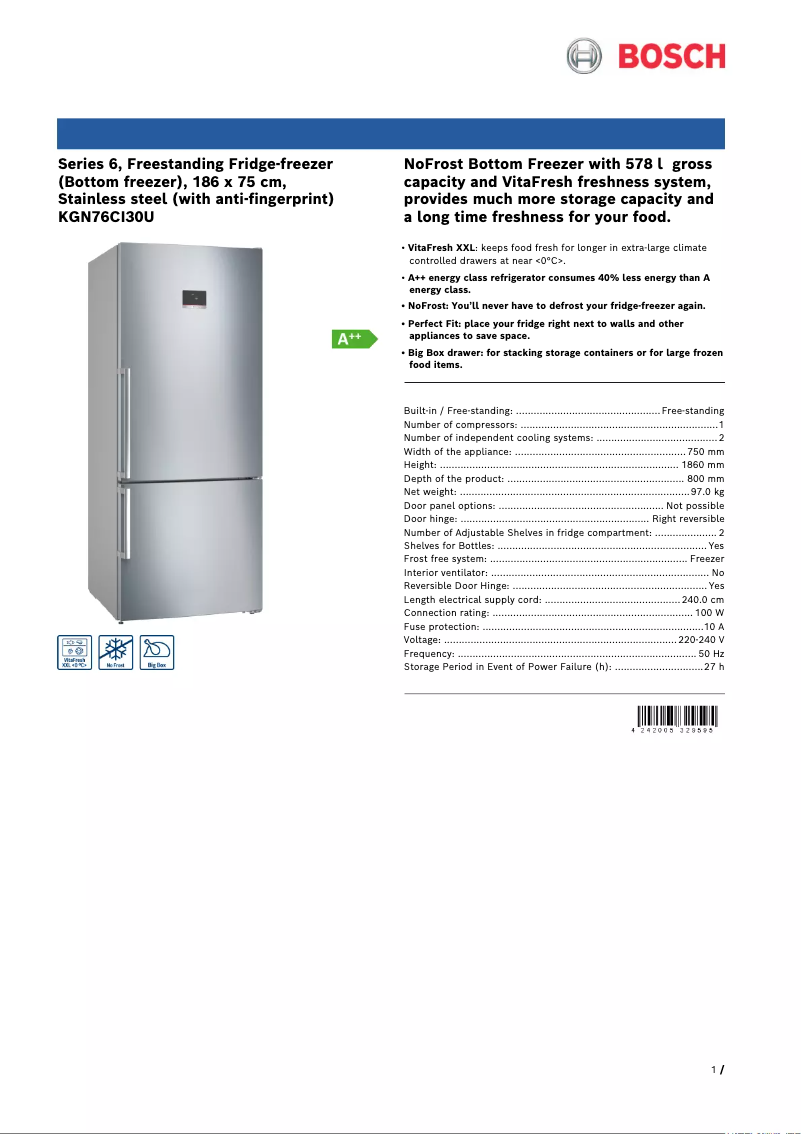 Page n°1 - Fiche technique Bosch KGN76CI30U