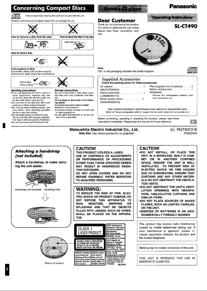 Page 1 de la notice Manuel utilisateur Panasonic SL-CT490