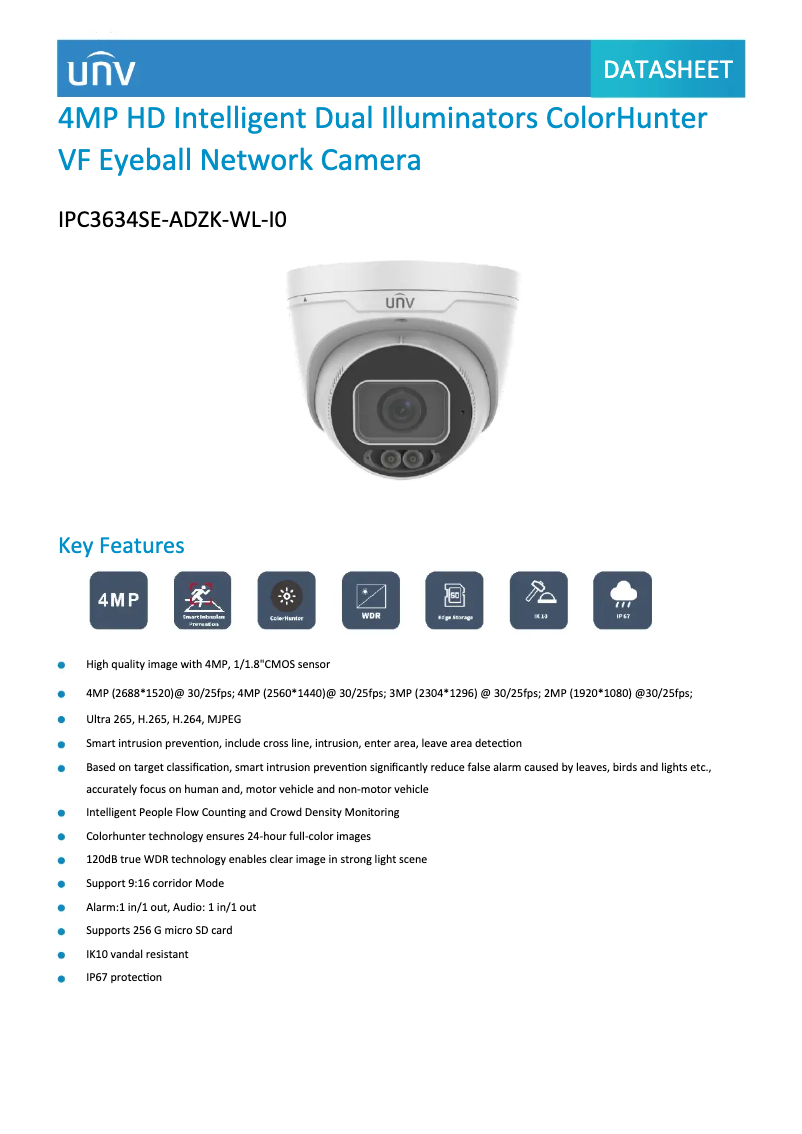 Page 1 de la notice Fiche technique UniView IPC3634SE-ADZK-WL-I0