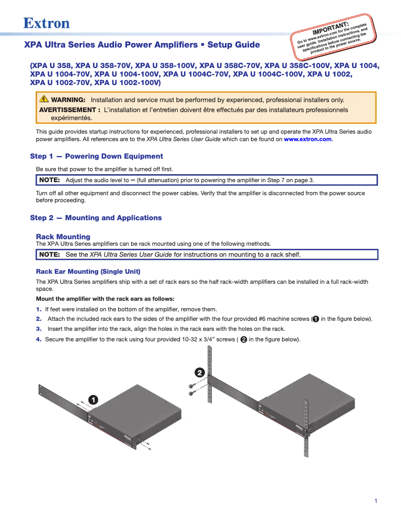 Page n°1 - Manuel utilisateur Extron XPA U 358