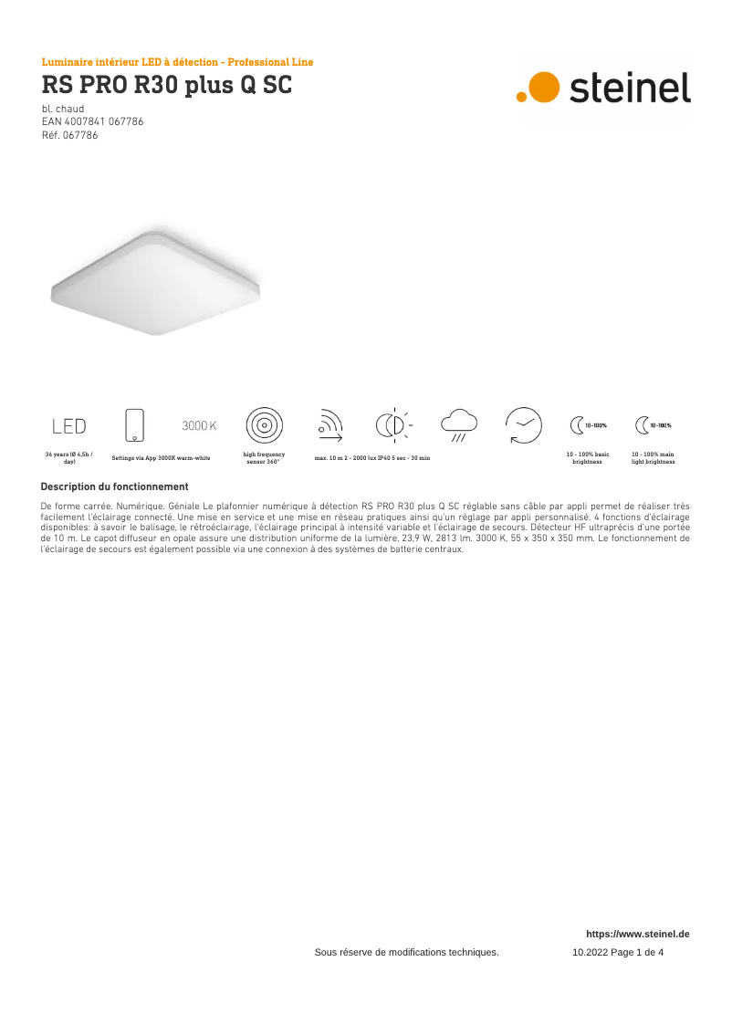 Page 1 de la notice Fiche technique Steinel RS PRO R30 Plus Q SC