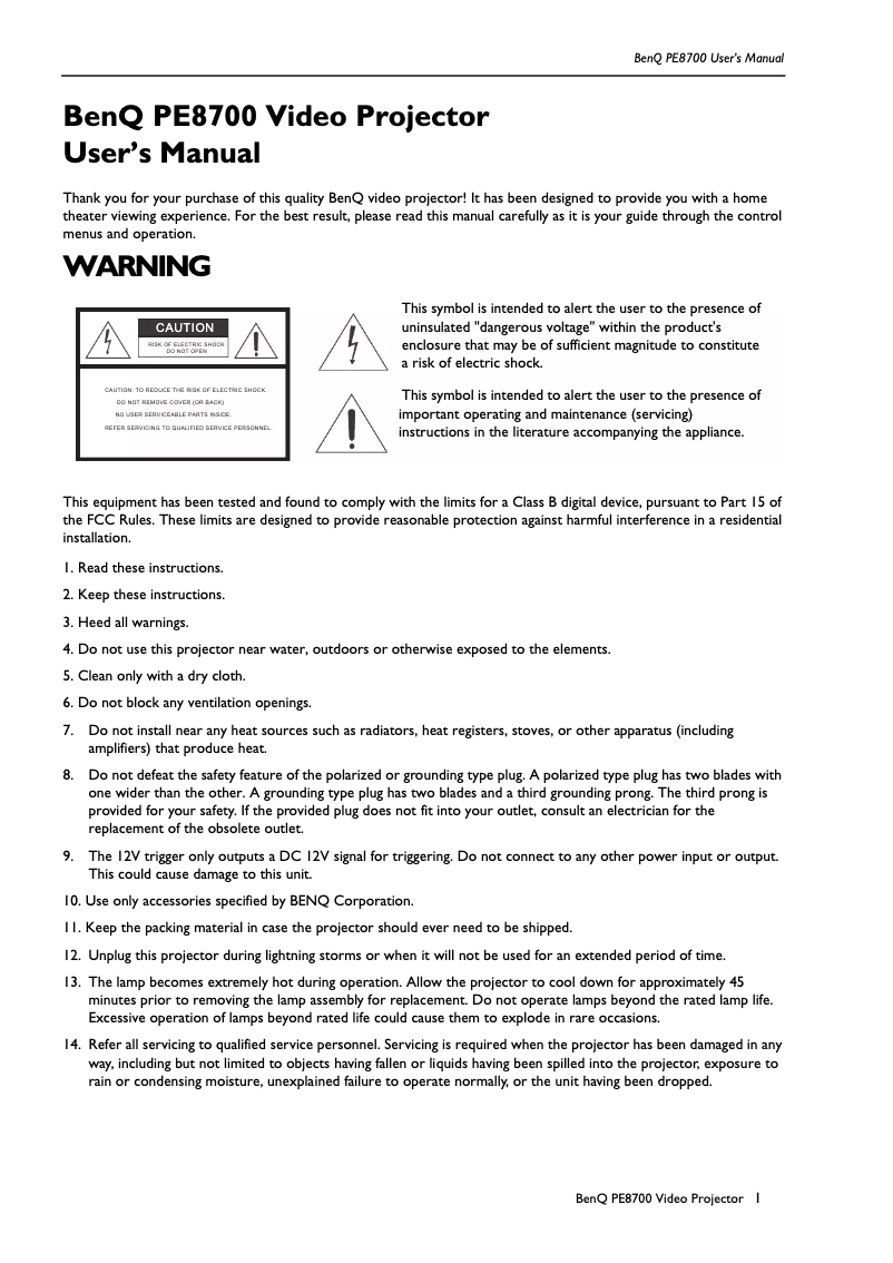 Page 1 de la notice Manuel utilisateur BenQ PE8700