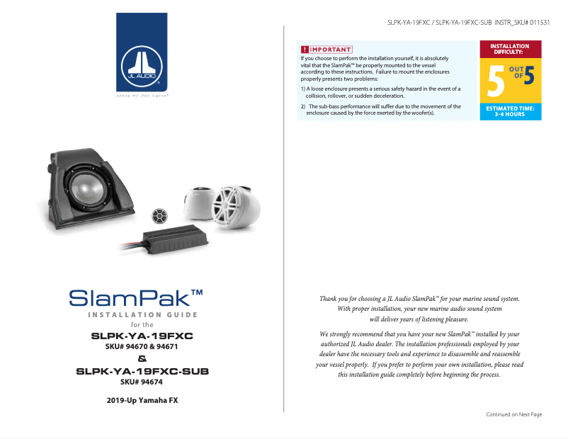 Page 1 de la notice Manuel utilisateur JL Audio SlamPak LPK-YA-19FXC-Gm