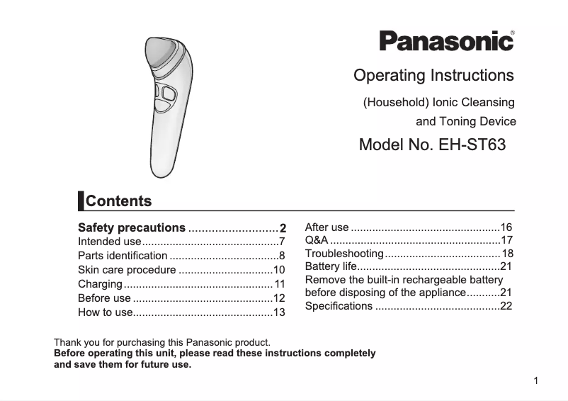Página 1 del manual Manual de usuario Panasonic EH-ST63