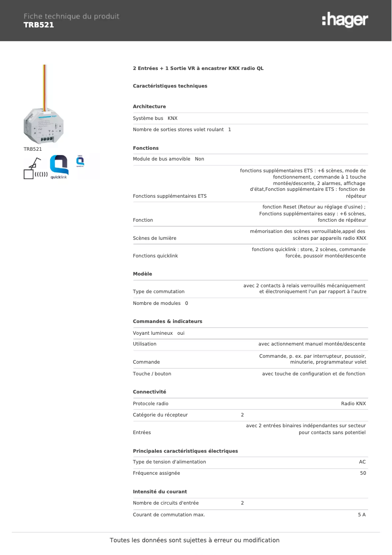 Page n°1 - Fiche technique Hager TRB521