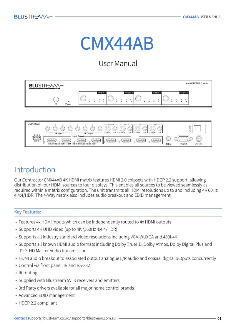 Page n°1 - Manuel utilisateur Blustream CMX44AB