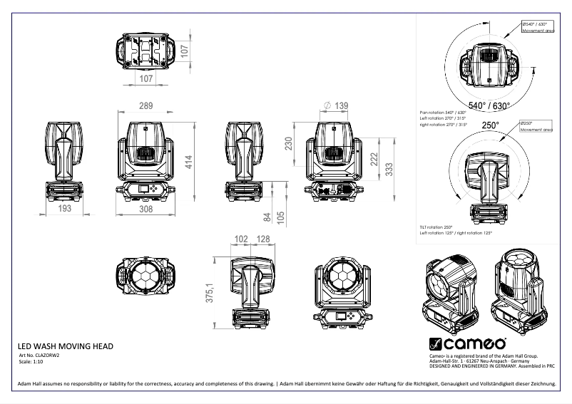 Page 1 de la notice Fiche technique Cameo AZOR W2