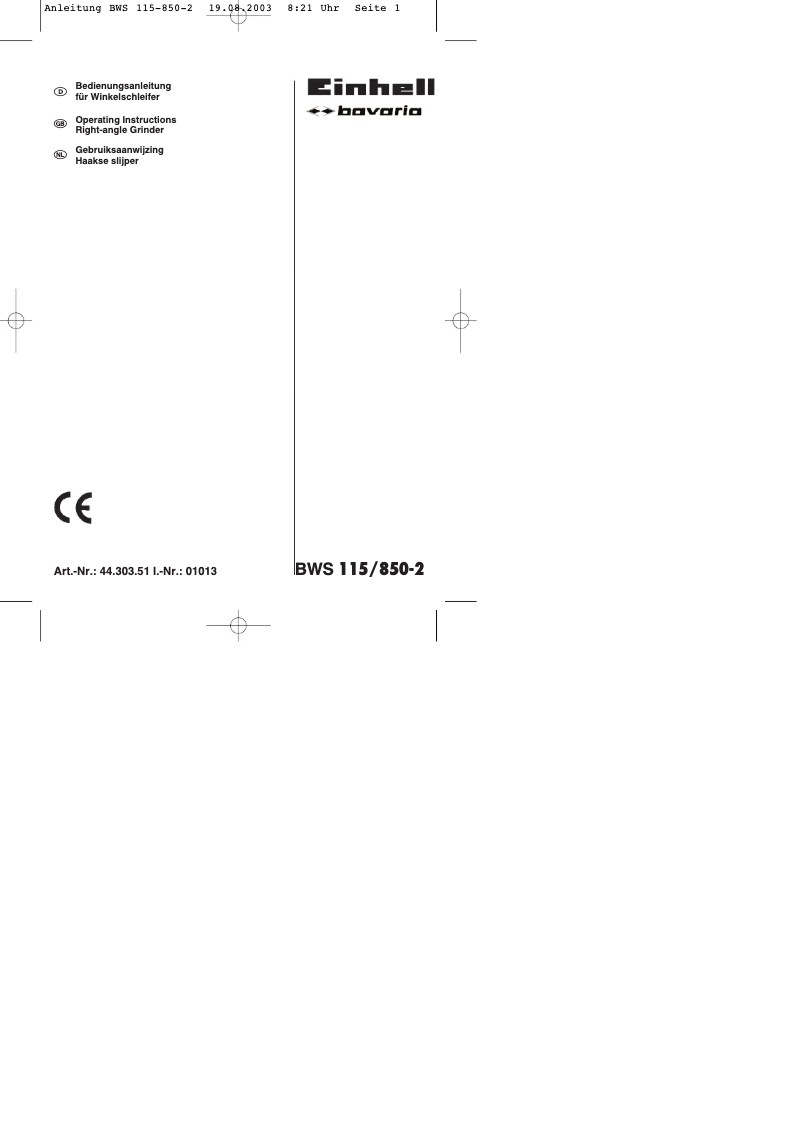 Page 1 de la notice Manuel utilisateur Bavaria by Einhell BWS 115/850-2