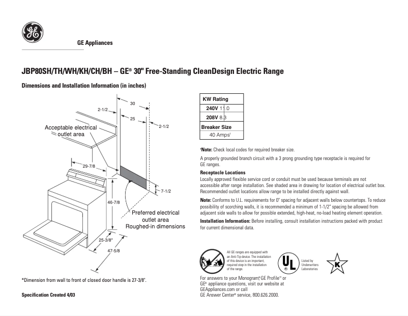 Image de la première page du manuel de l'appareil JBP80WHWW
