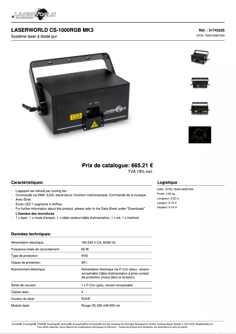 Page n°1 - Fiche technique Laserworld CS-1000RGB MK3