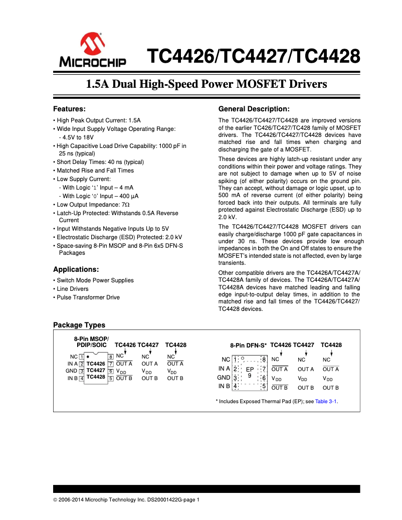 Page 1 de la notice Fiche technique Microchip TC4426