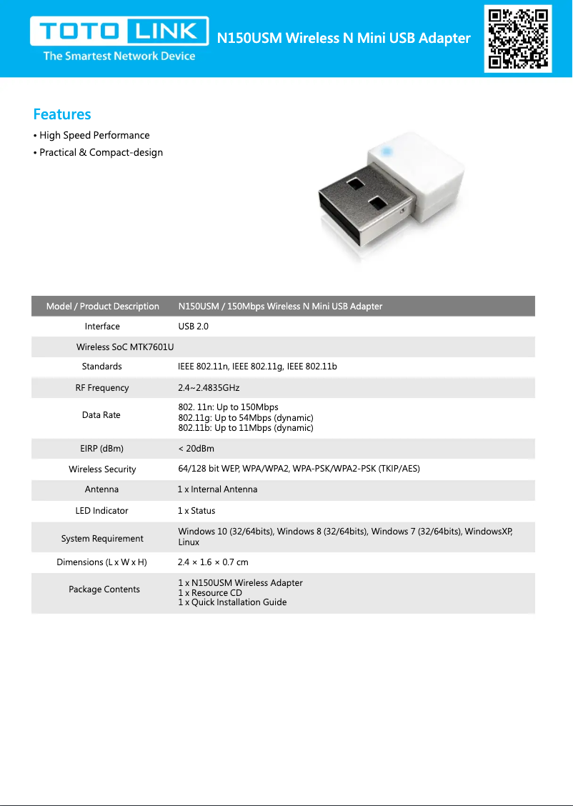 Page 1 de la notice Fiche technique Totolink N150USM