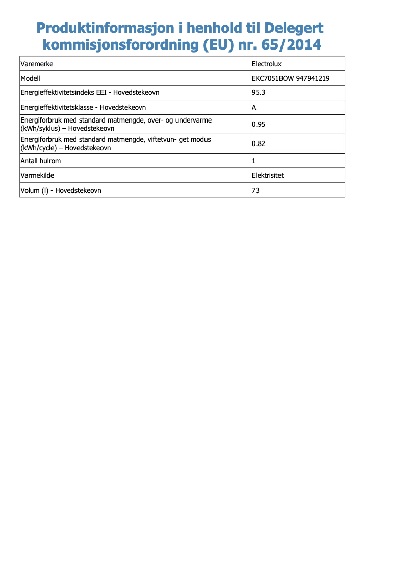 Page 1 de la notice Fiche technique Electrolux EKC7051BOW