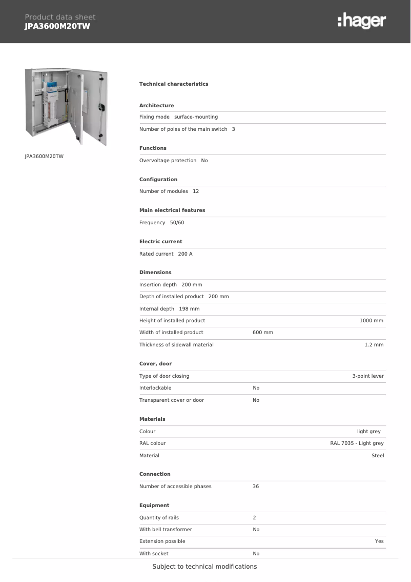 Page n°1 - Fiche technique Hager JPA3600M20TW