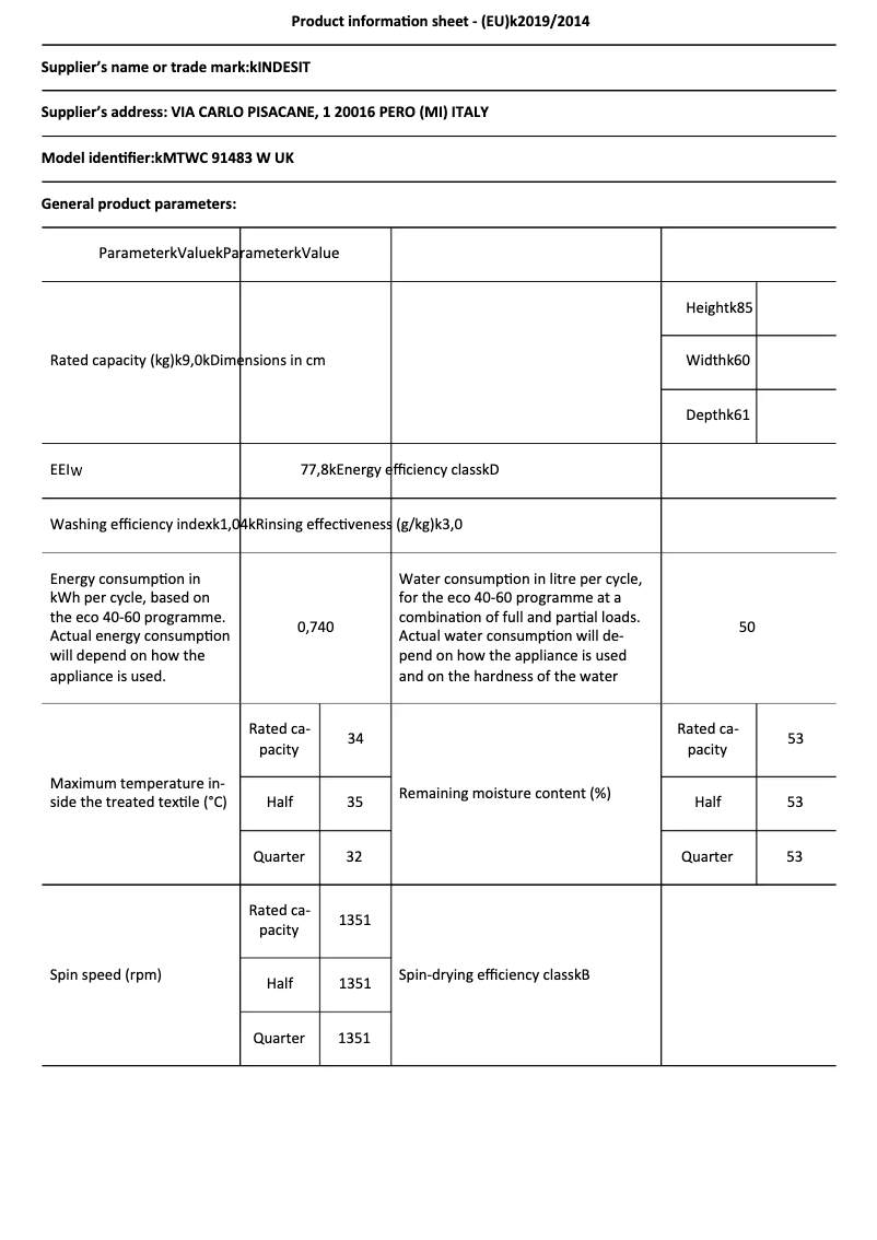 Page n°1 - Fiche technique Indesit MTWC 91483 W UK