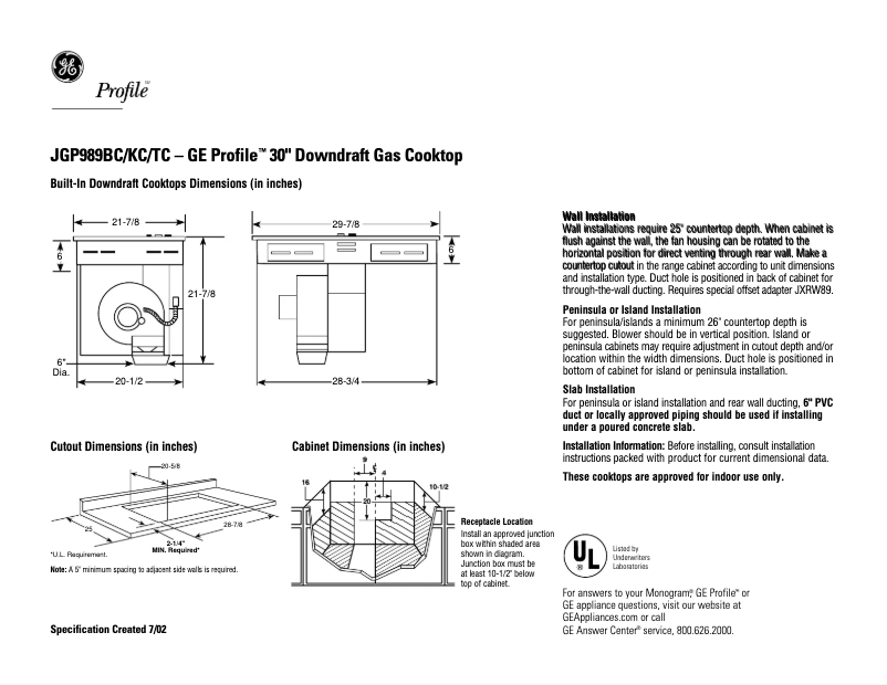 Page 1 of the manual Technical Sheet GE Profile JGP989TCWW
