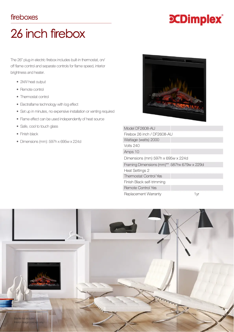 Page 1 de la notice Fiche technique Dimplex DF2608-AU
