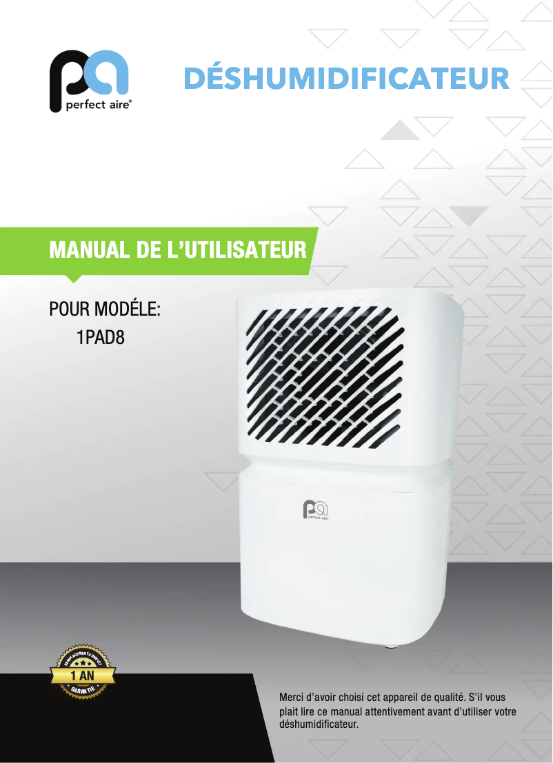 Page 1 de la notice Manuel utilisateur Perfect Aire 1PAD8