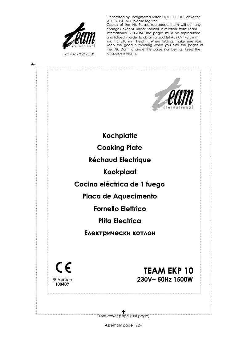 Page 1 de la notice Manuel utilisateur Team EKP 10