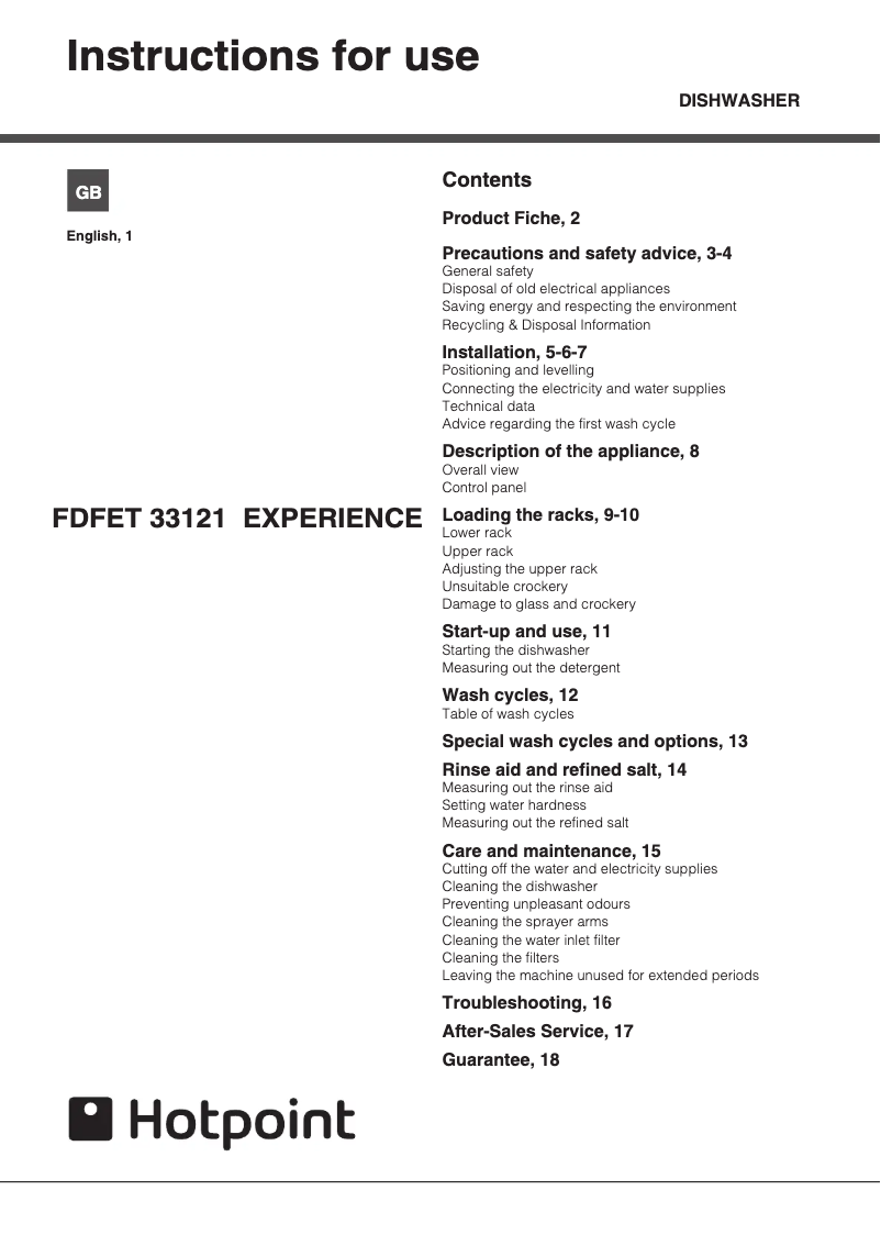 Page 1 de la notice Manuel utilisateur Hotpoint FDFET 33121 G Ecotech