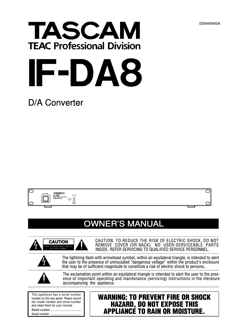 Page 1 de la notice Manuel utilisateur Tascam IF-DA8