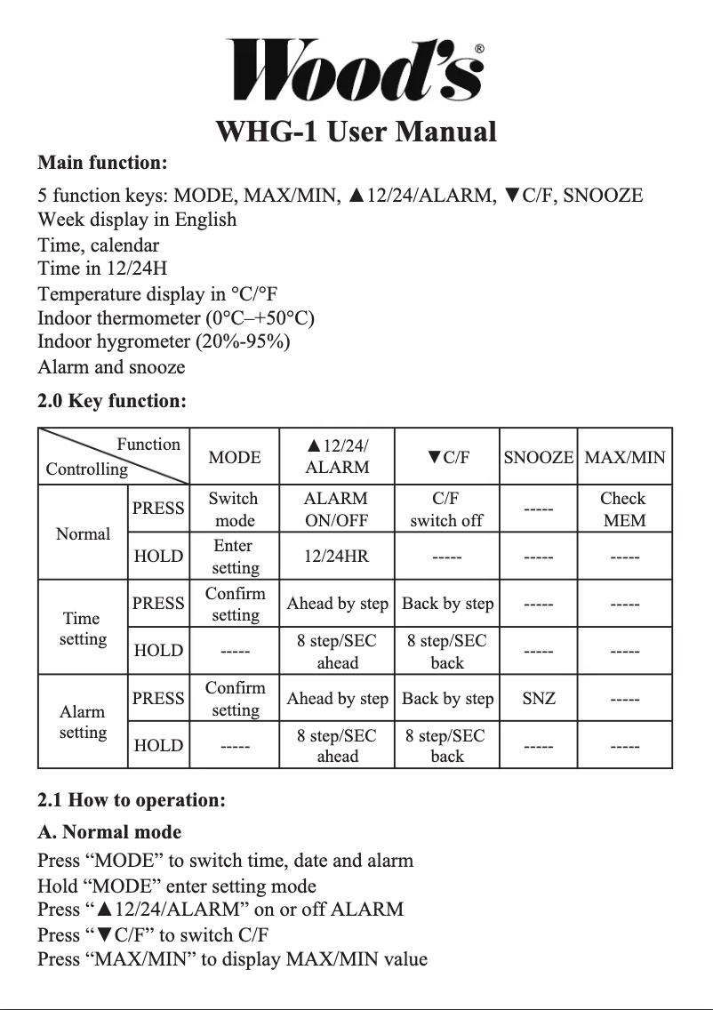 Image de la première page du manuel de l'appareil WHG-1
