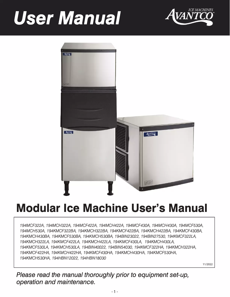 Page n°1 - Manuel utilisateur Avantco Ice KMC-F-422-LA