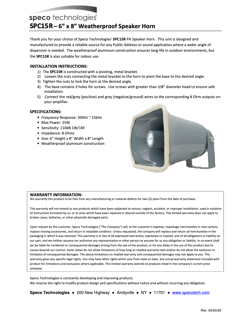 Page n°1 - Manuel utilisateur Speco Technologies SPC15R