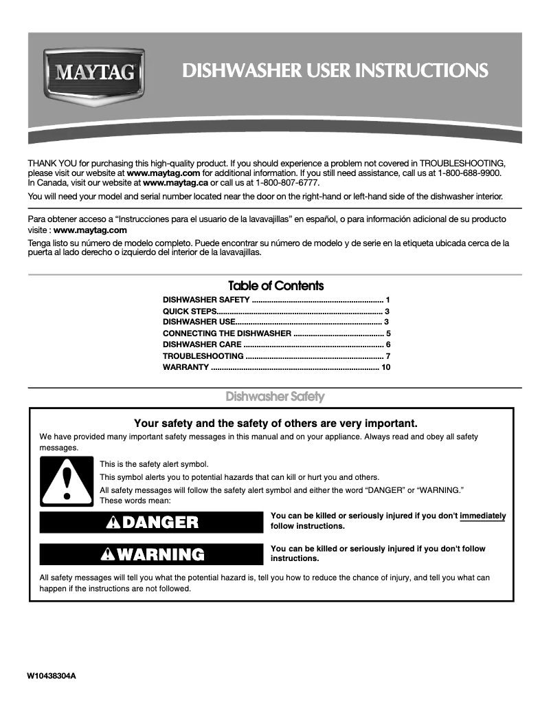 Page n°1 - Manuel d'utilisation et d'entretien Maytag JetClean PlusMDC4809PAW