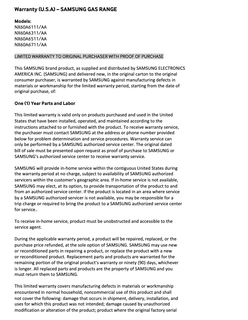 Page 1 de la notice Informations de garantie Samsung NX60A6311SG