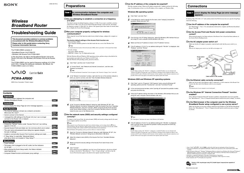 Image de la première page du manuel de l'appareil PCWA-AR800