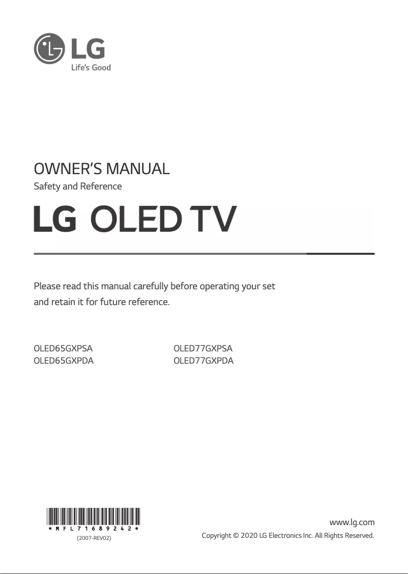 Page 1 de la notice Manuel utilisateur LG OLED65GXPDA