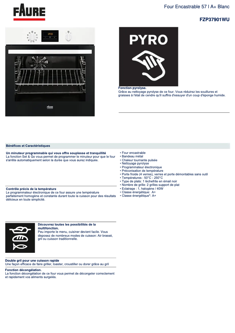 Page 1 de la notice Fiche technique Faure FZP37901WU