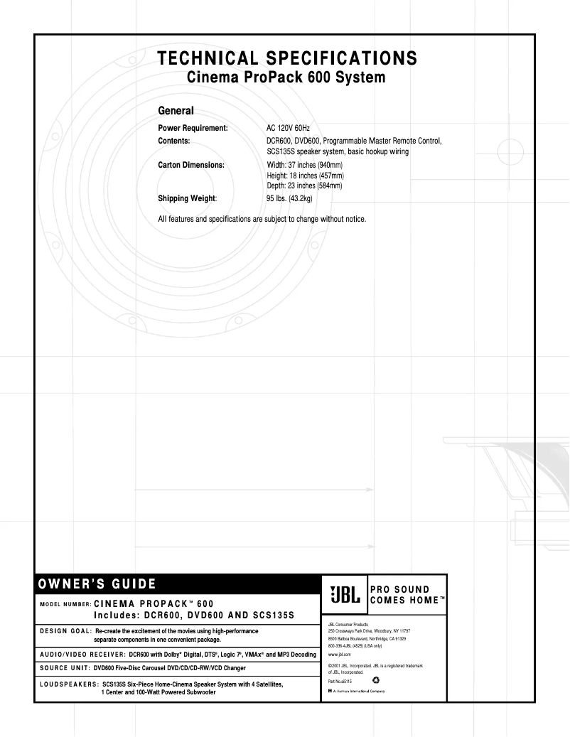 Page n°1 - Manuel utilisateur JBL DVD600