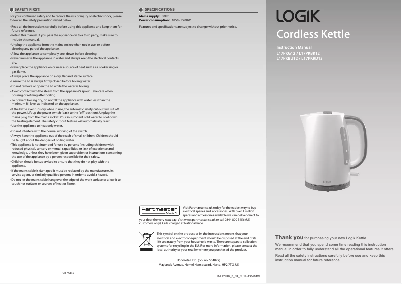 Image de la première page du manuel de l'appareil L17PKRD13