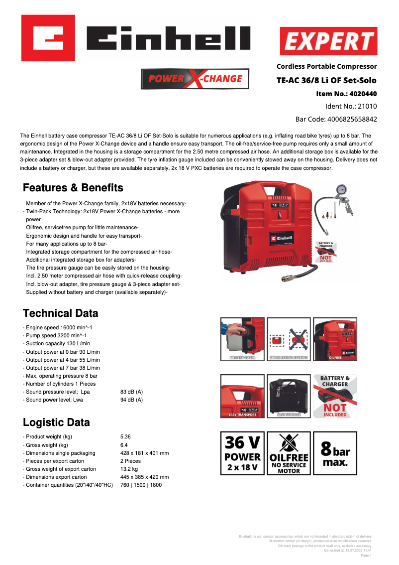 Page n°1 - Fiche technique Einhell TE-AC 36/8 Li OF Set