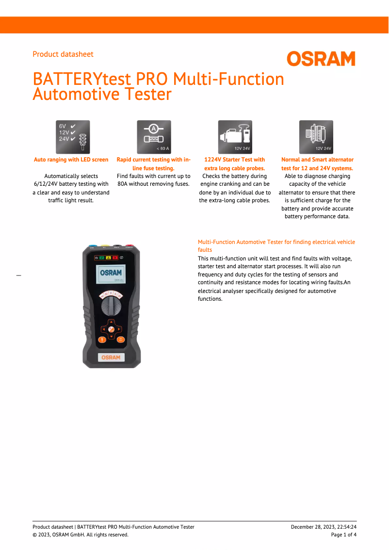 Page n°1 - Fiche technique Osram BATTERYtest PRO