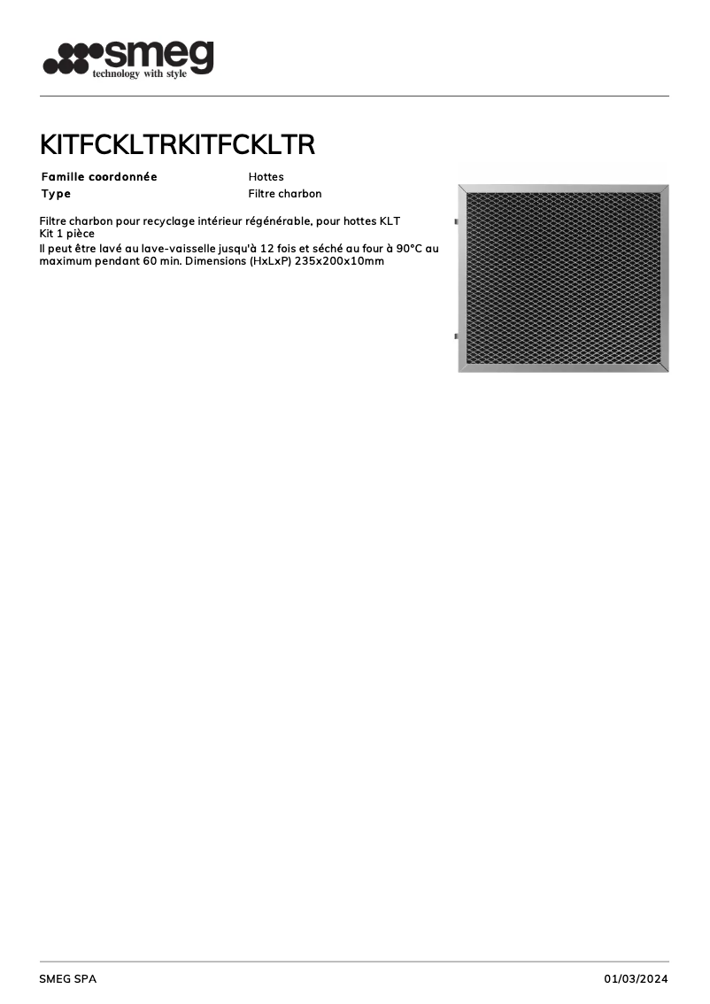 Page 1 de la notice Fiche technique Smeg KITFCKLTR