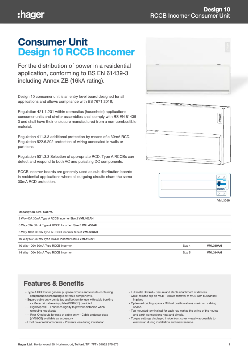Page n°1 - Fiche technique Hager VML306AH