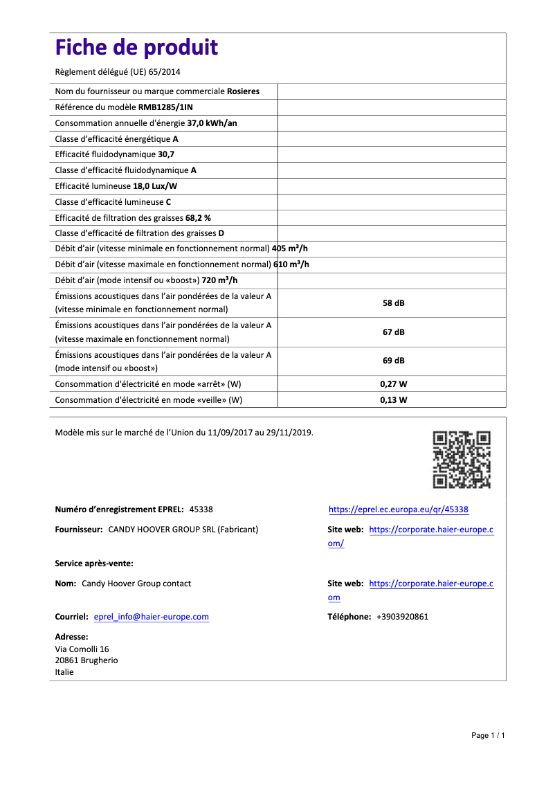 Page 1 de la notice Fiche technique Rosieres RMB 1285/1 IN