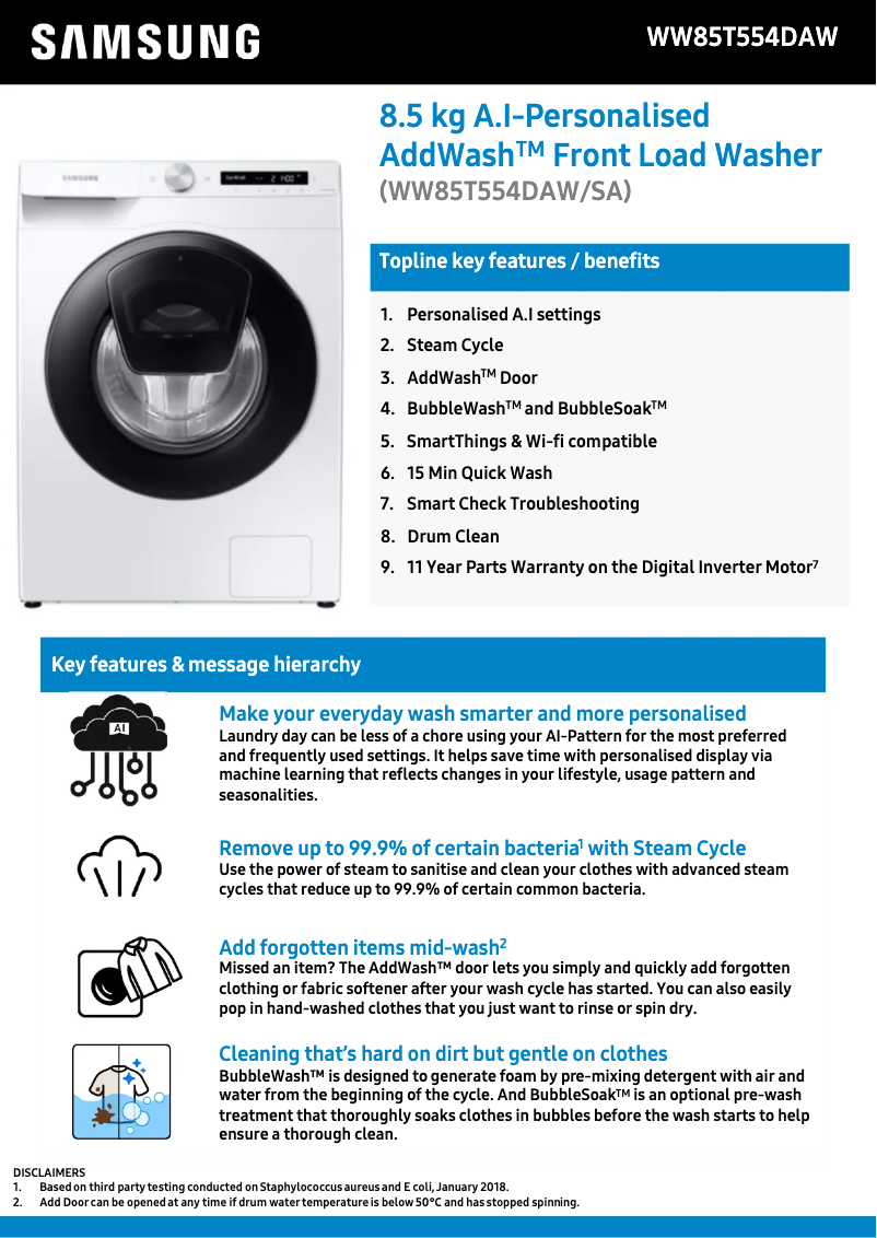 Page 1 de la notice Fiche technique Samsung WW85T554DAW