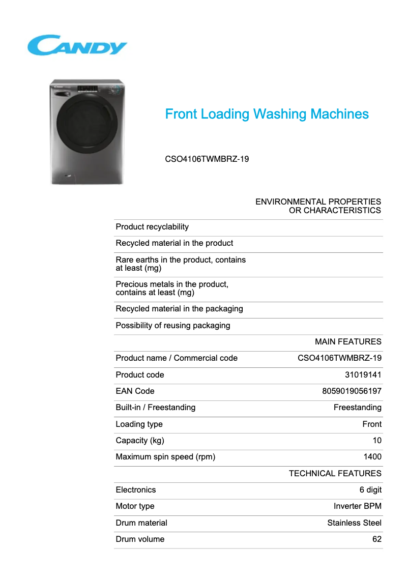 Page 1 de la notice Fiche technique Candy CSO4106TWMBRZ-19