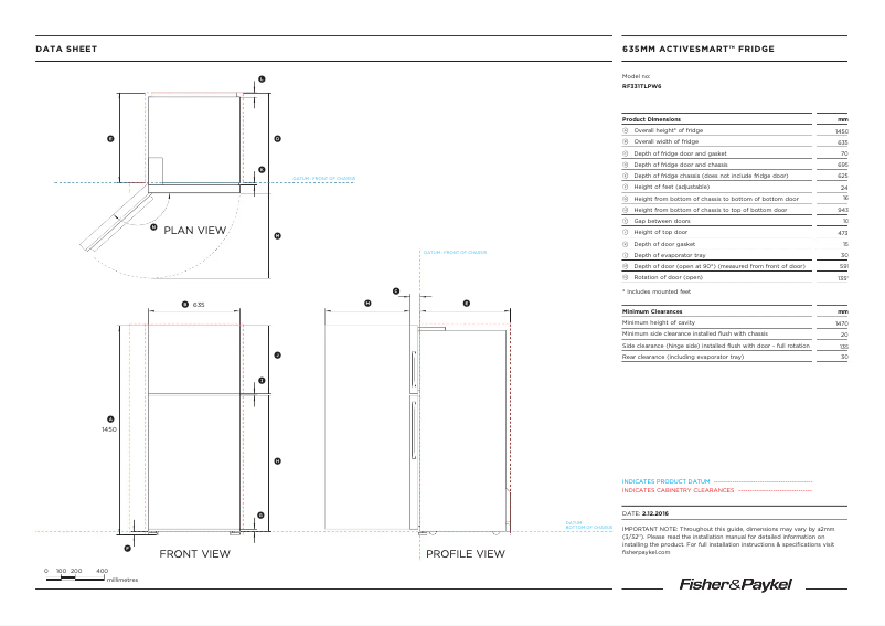 Página 1 del manual Ficha técnica Fisher & Paykel RF331TLPW6