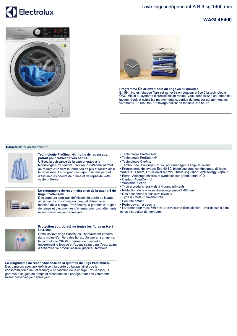 Page 1 de la notice Fiche technique Electrolux WAGL4E400